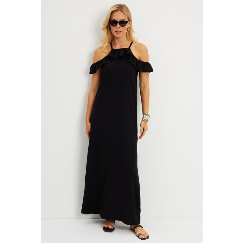 Cool & Sexy Womens Black Halter Neck Wrap Midi Dress 115641657