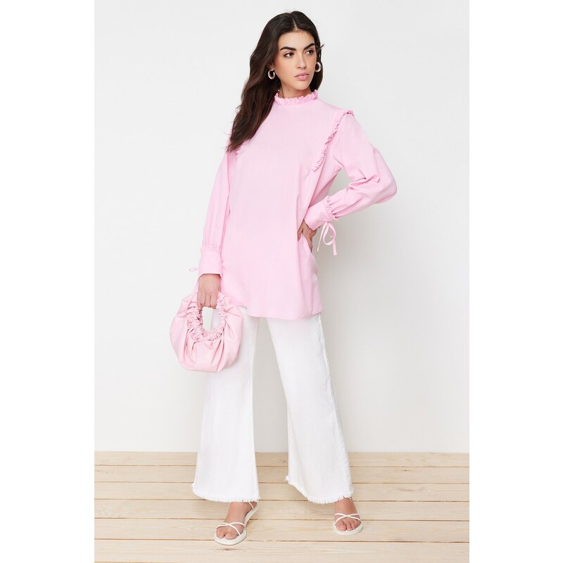 Trendyol Pink Woven Cotton Tunic With Ruffled Shoulder and Cuff 107073656