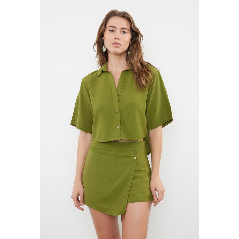 Trendyol Khaki Weaving Linen blend Shirt Shorts Beach Set 107077062
