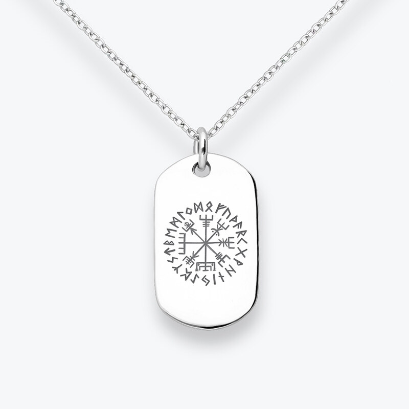 Estemia Stříbrný řetízek „psí známka“ s rytím Vegvísir s runami - 93603486