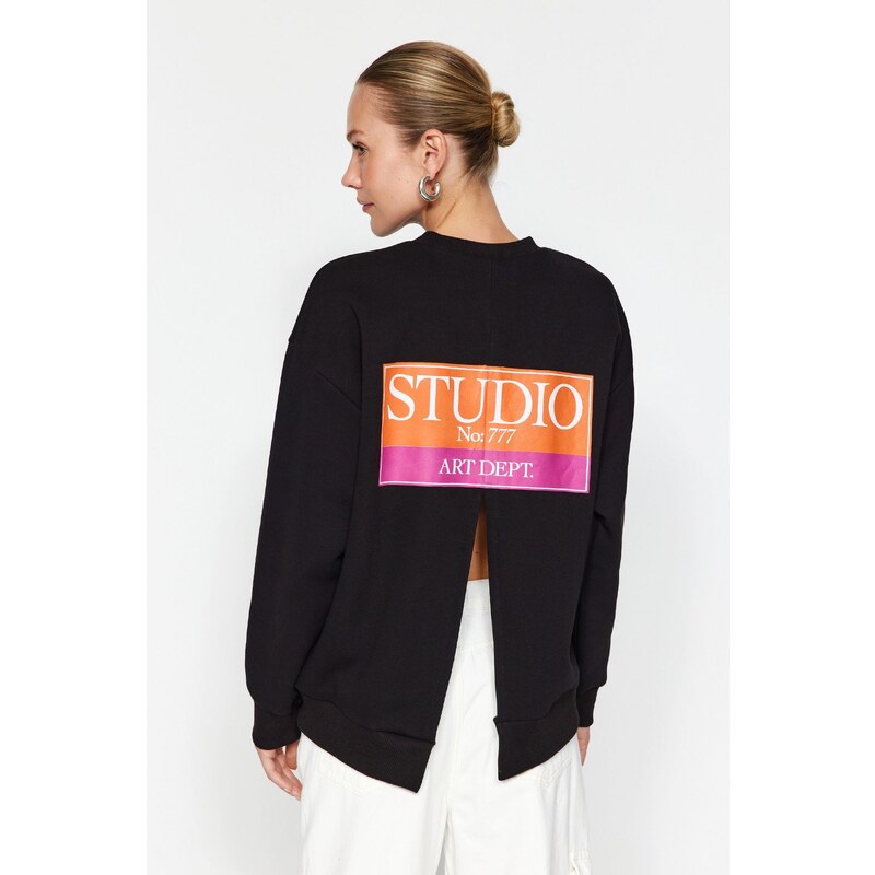 Trendyol Black Back Print Detailed Thick Inside Fleece Regular