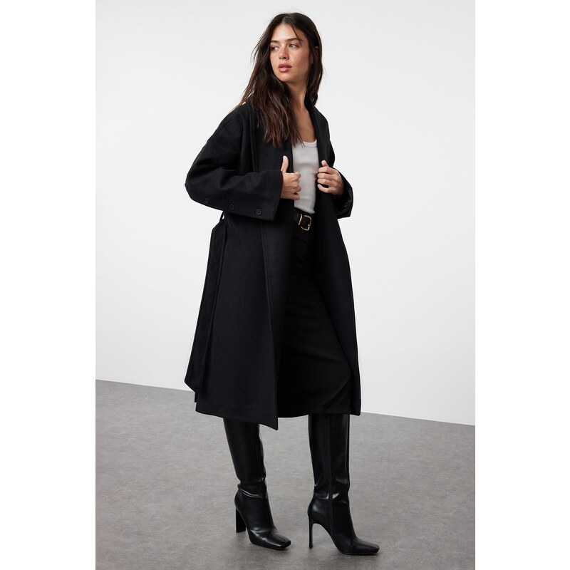 Trendyol Black Button Detailed Soft Textured Slit Oversize Coat