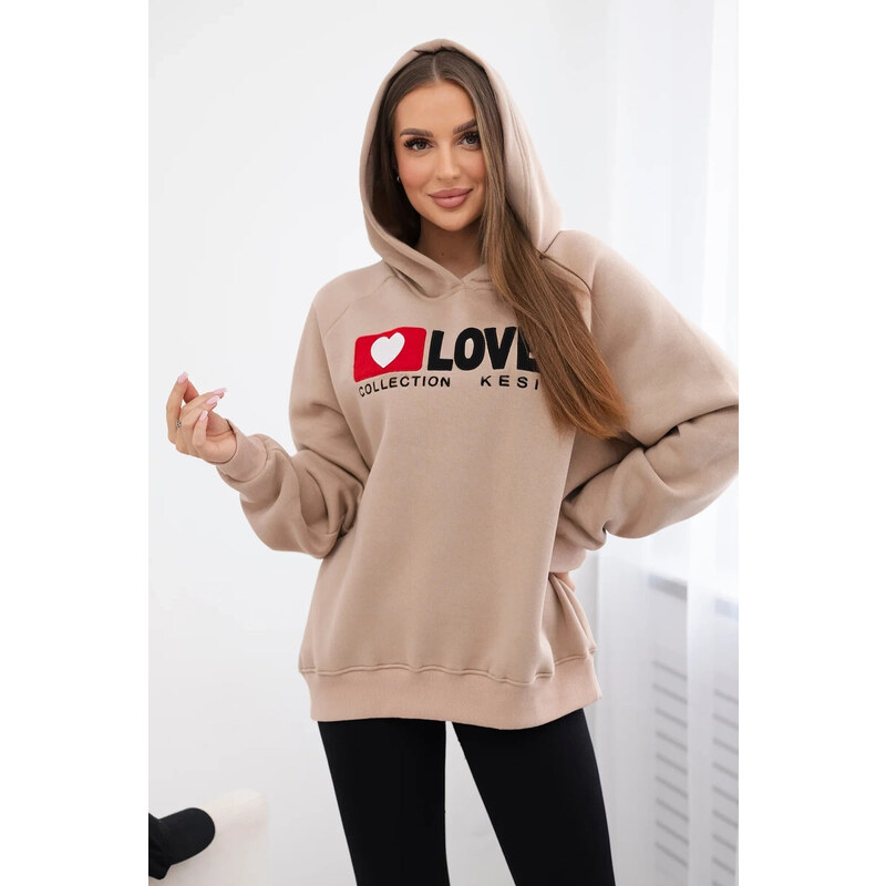 K-Fashion Zateplená bavlněná mikina s kapucí Love tmavě béžová