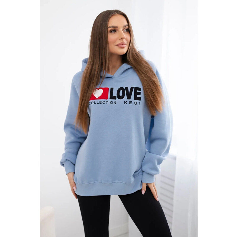 K-Fashion Zateplená bavlněná mikina s kapucí Love modrý 93620003