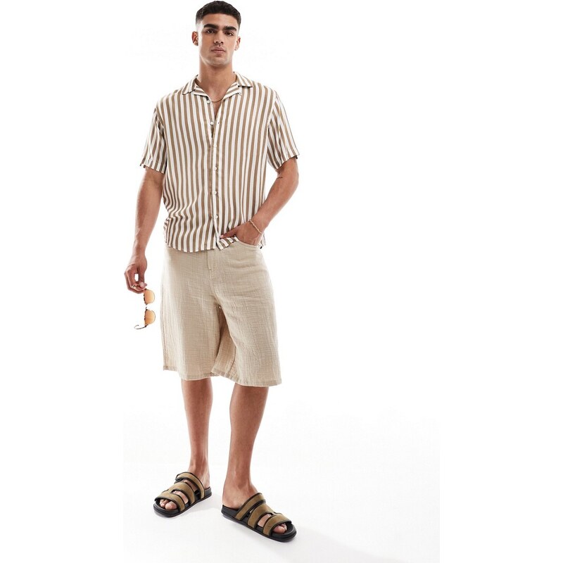 ONLY & SONS revere collar stripe shirt in beige-Neutral