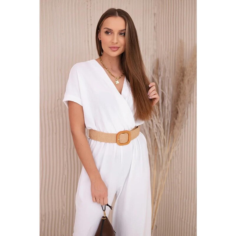 MladaModa Elegantní overal s ozdobným páskem model 5877 bílý 94536965