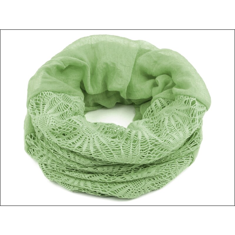 Kruhový zelenkavý šátek s háčkovanou aplikací