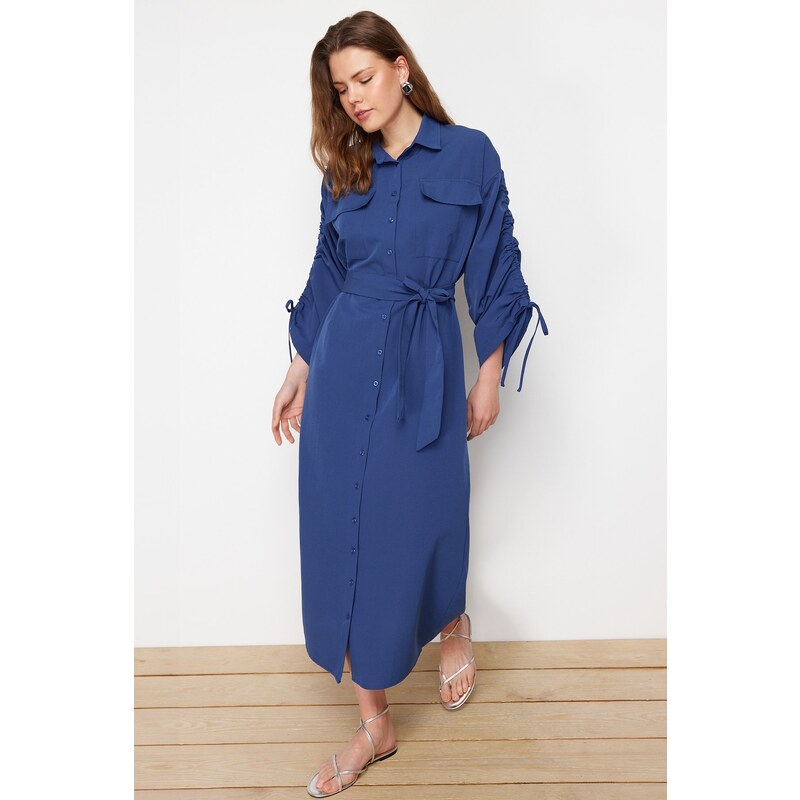 Trendyol Saks Belted Cotton Woven Shirt Dress with Adjustable Sleeves 107076602