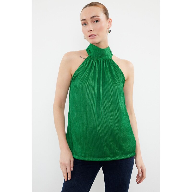 Trendyol Green High Collar Regular Fit Pleated Knitted Blouse 115721549