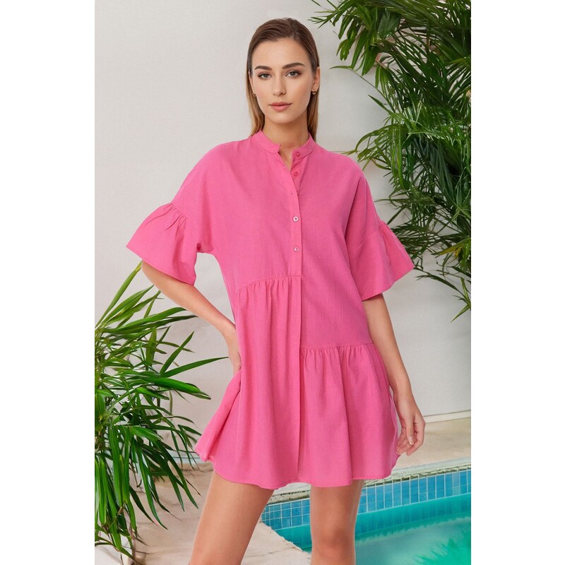 Trendyol Pink Weaving 100% Cotton Wide Cut Mini Beach Dress