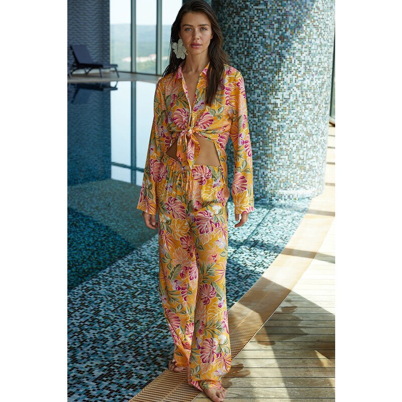Trendyol Floral Patterned Woven Shirt Trousers Beach Set 107076412