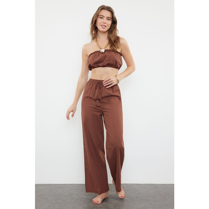 Trendyol Brown Weaving 100% Cotton Blouse Trousers Beach Set 107077360