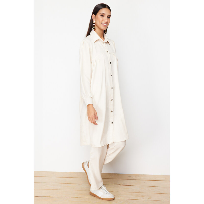 Trendyol Stone Linen Aerobin Long Shirt Woven Bottom-Top Set