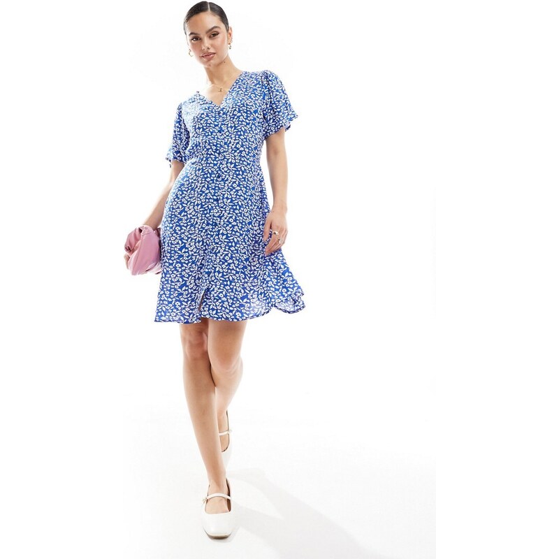 ONLY v neck tie waist mini dress in dark blue floral