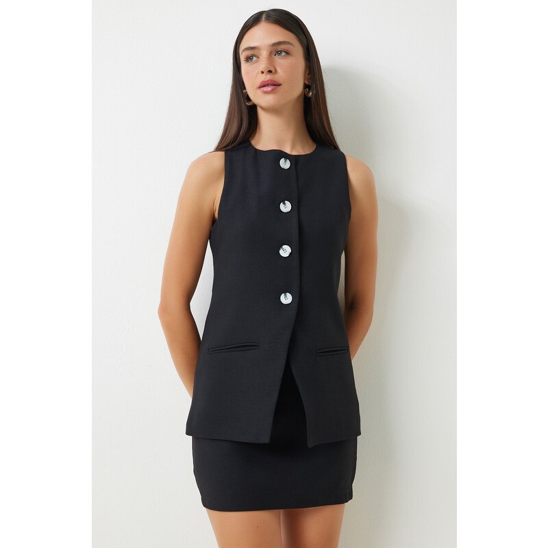 Happiness İstanbul Womens Black Sleeveless Vest Mini Skirt Woven Suit 107078890