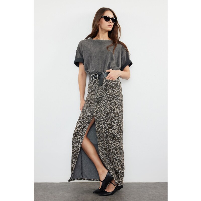 Trendyol Multicolored Leopard Patterned Brown Midi Denim Skirt