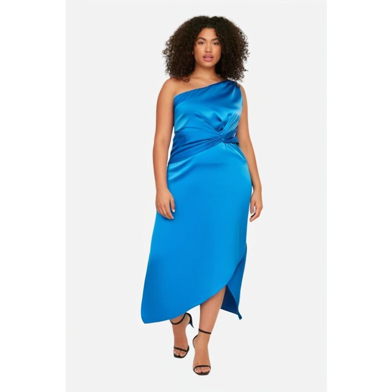 Trendyol Curve Saxe Satin Chic Asymmetrical Single Sleeve Long
