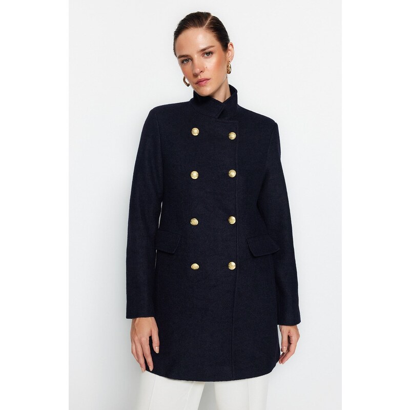 Trendyol Navy Blue Premium Gold Button Detailní razítkový kabát
