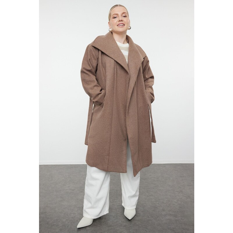 Trendyol Curve Mink Loose Fit Belted Wide Collar Cashmere Coat 107077817