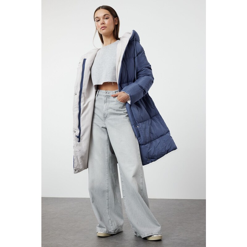 Trendyol Grey-Blue Reversible Hooded Water Repellent Long Puffer