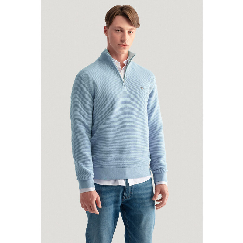 SVETR GANT TEXTURED COTTON H-ZIP STORMY SEA