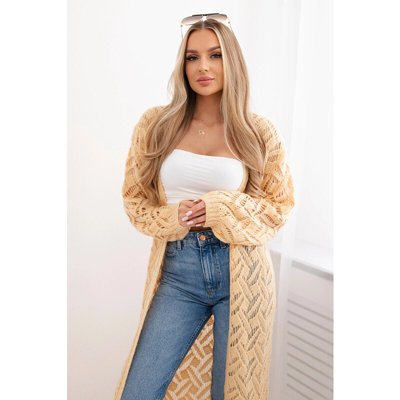 K-Fashion Svetr dlouhý kardigan Super KID Mohair broskev