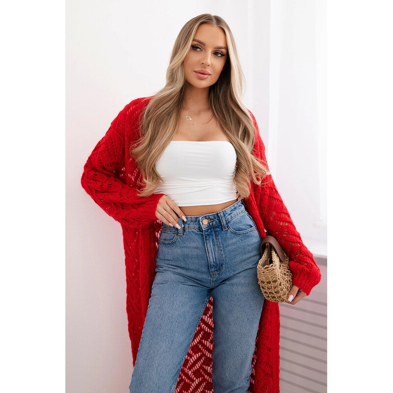 K-Fashion Svetr dlouhý kardigan Super KID Mohair červený 95235250