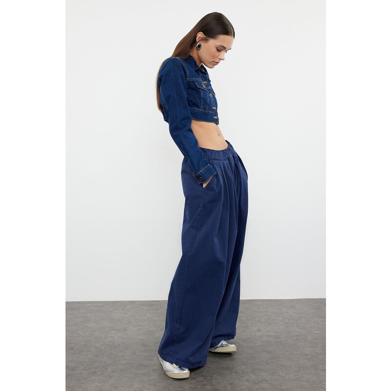 Trendyol Navy Blue Pleated High Waist Wide Leg Jeans 107078017