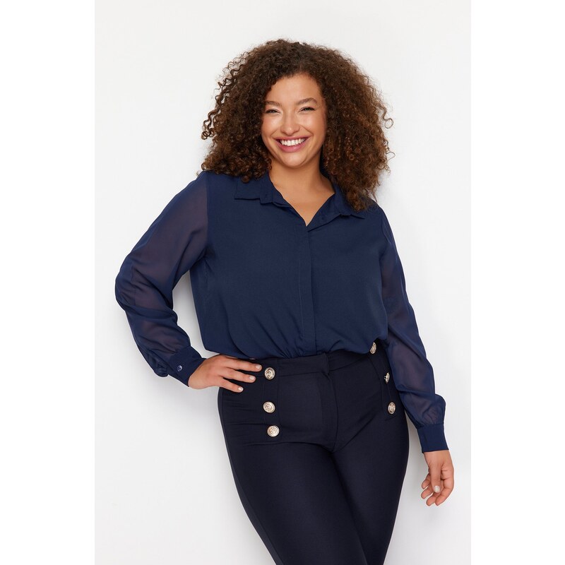 Trendyol Curve Navy Blue Long Sleeve Buttoned Chiffon Woven Plus Size 107076389