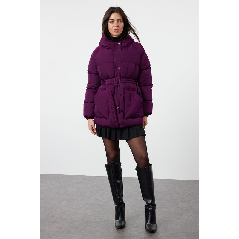 Trendyol Plum Regular Hooded Belted Water Repellent Puffer