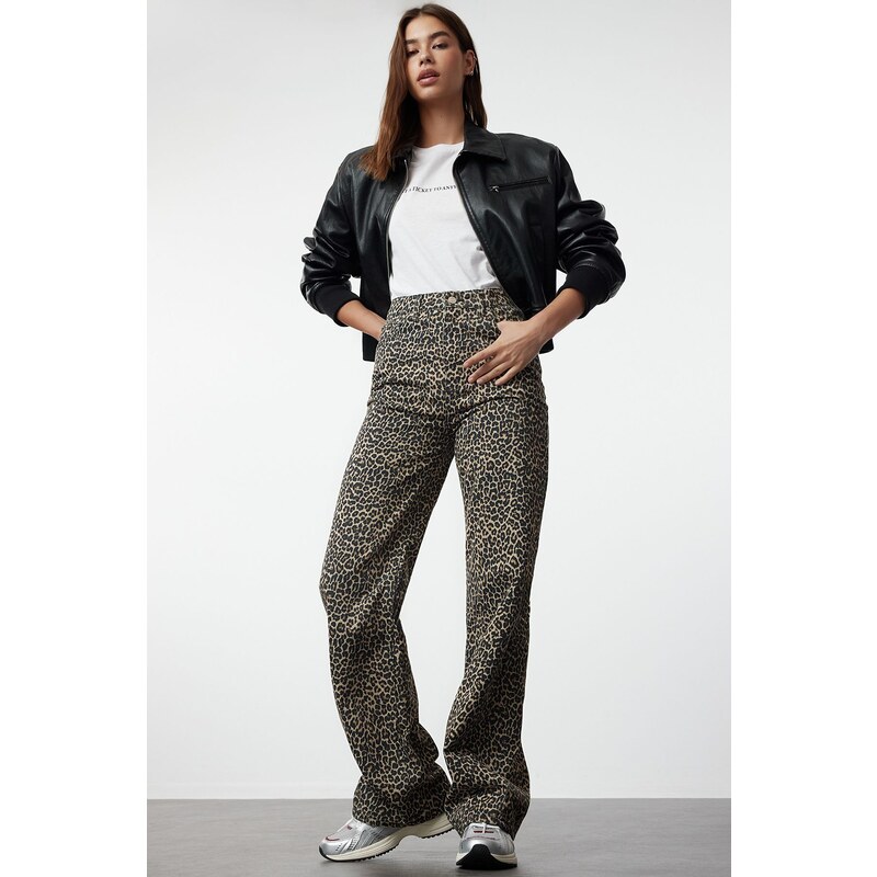 Trendyol Multicolored Leopard Print Brown High Waist Wide Leg Jeans 107076815