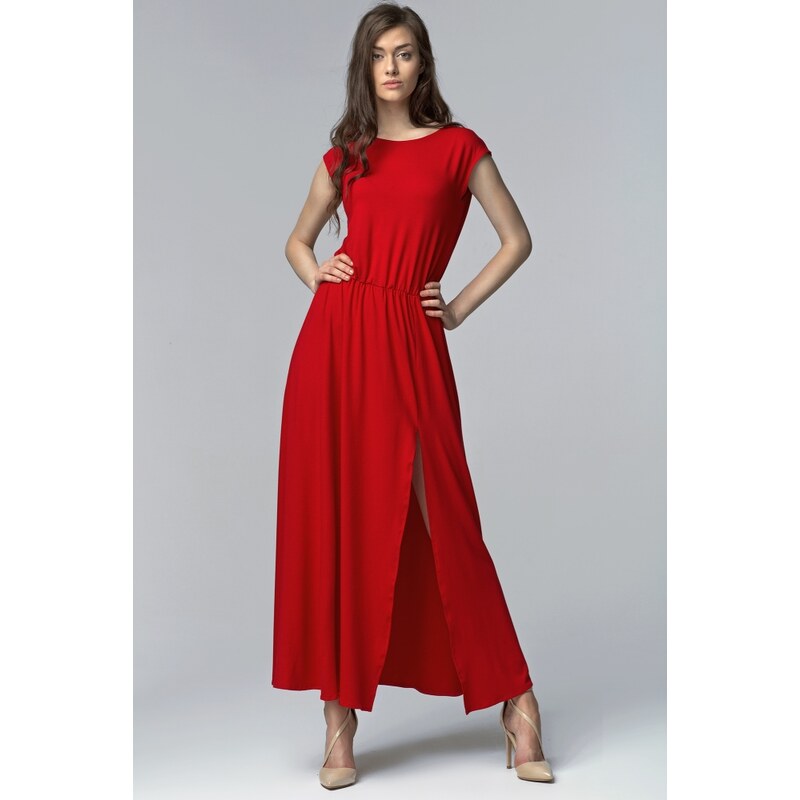 Dlouhé šaty s rozparkem Nife S61 červené