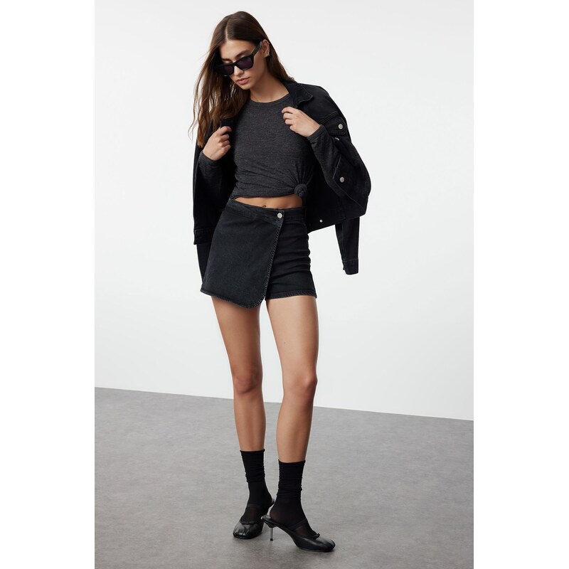 Trendyol Black Double Breasted Denim Shorts Skirt 115624518