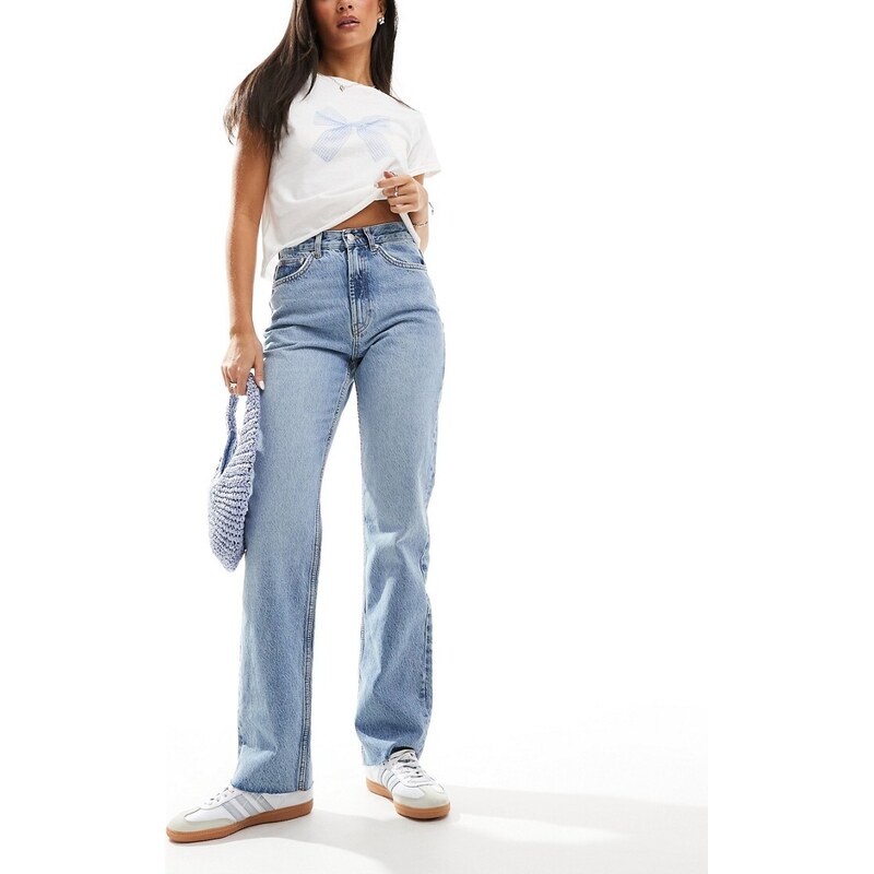 ONLY Riley high waist straight leg jeans in mid blue