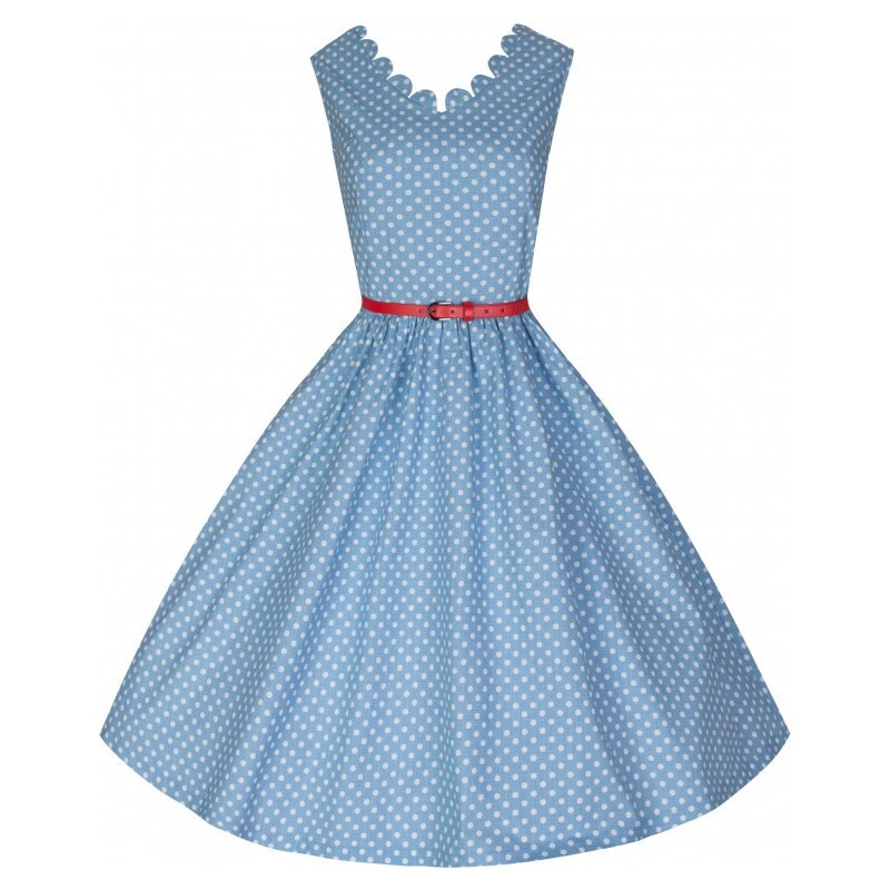 DARIA modre puntíkované retro šaty inspirované padesátými léty