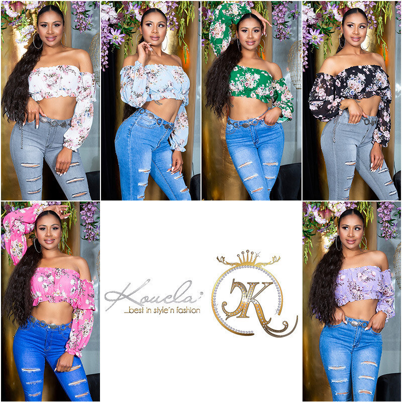Koucla Dámský sexy volánkový top Carmen T80149 Růžová s květinovým 96006461