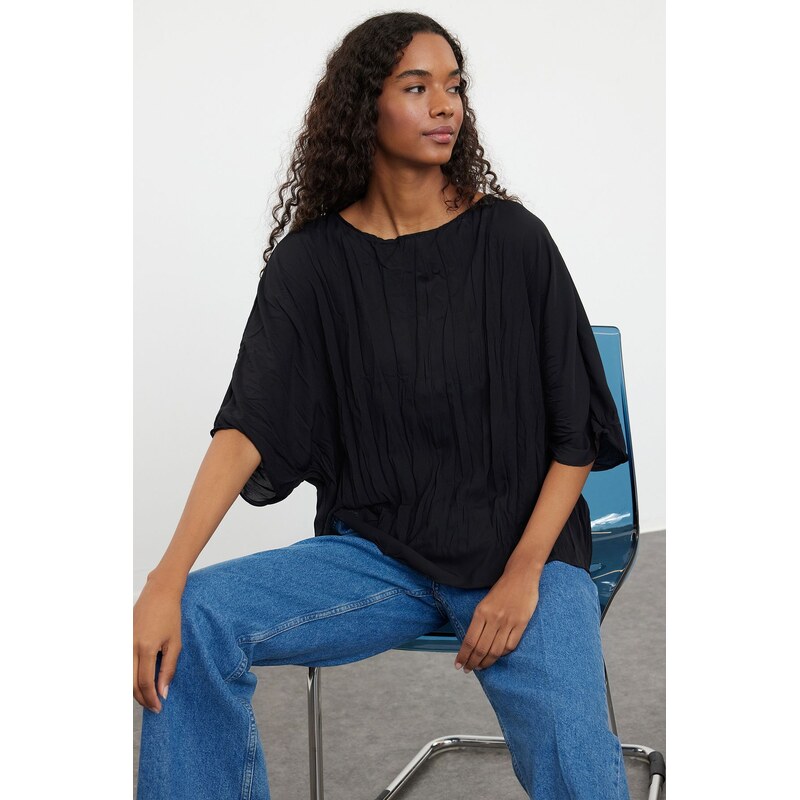 Trendyol Black Wrinkle Effect Short Sleeve Woven Blouse 115624519