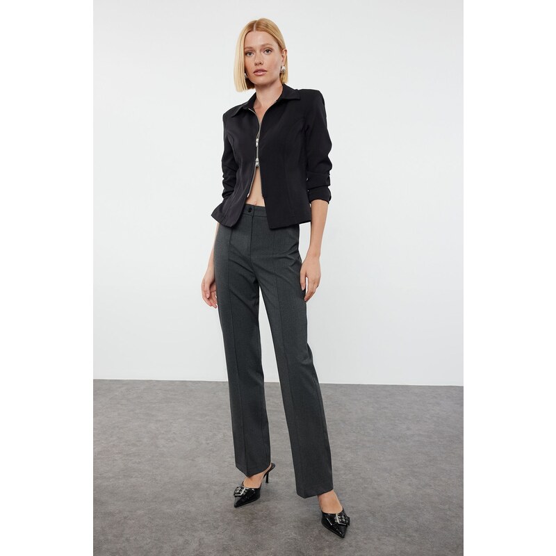 Trendyol Anthracite Ribbed Detailed Straight Cut Woven Fabric Trousers 107078305