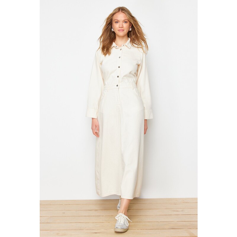 Trendyol Ecru Plain Shirt Dress Rigid Maxi Denim Modest Dress