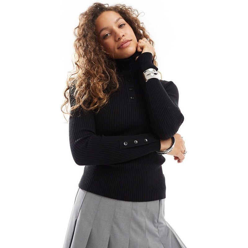 Urban Revivo button detail high neck ribbed funnel neck in black 100131268