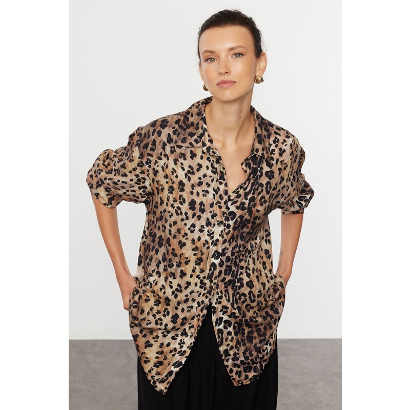 Trendyol Brown Leopard Animal Patterned Oversize Woven Wide Pattern 107078493