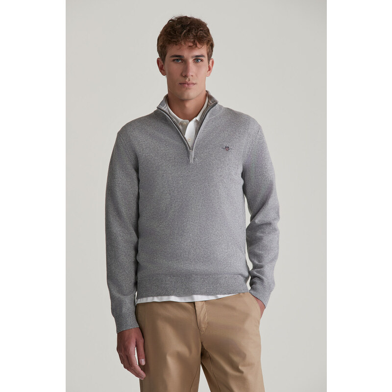 SVETR GANT SUPERFINE LAMBSWOOL HALF ZIP GREY MELANGE
