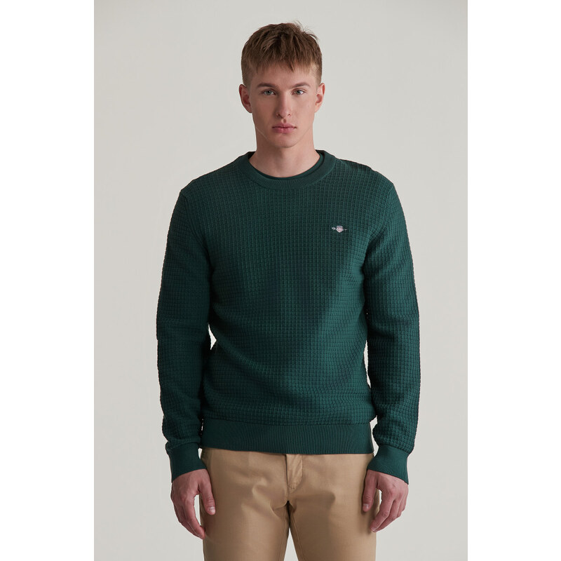 SVETR GANT COTTON TEXTURED C-NECK TARTAN GREEN
