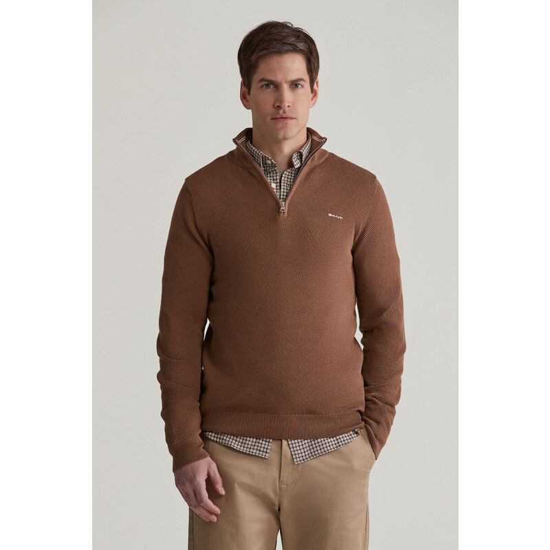 SVETR GANT COTTON PIQUE HALFZIP HAZELNUT MELANGE