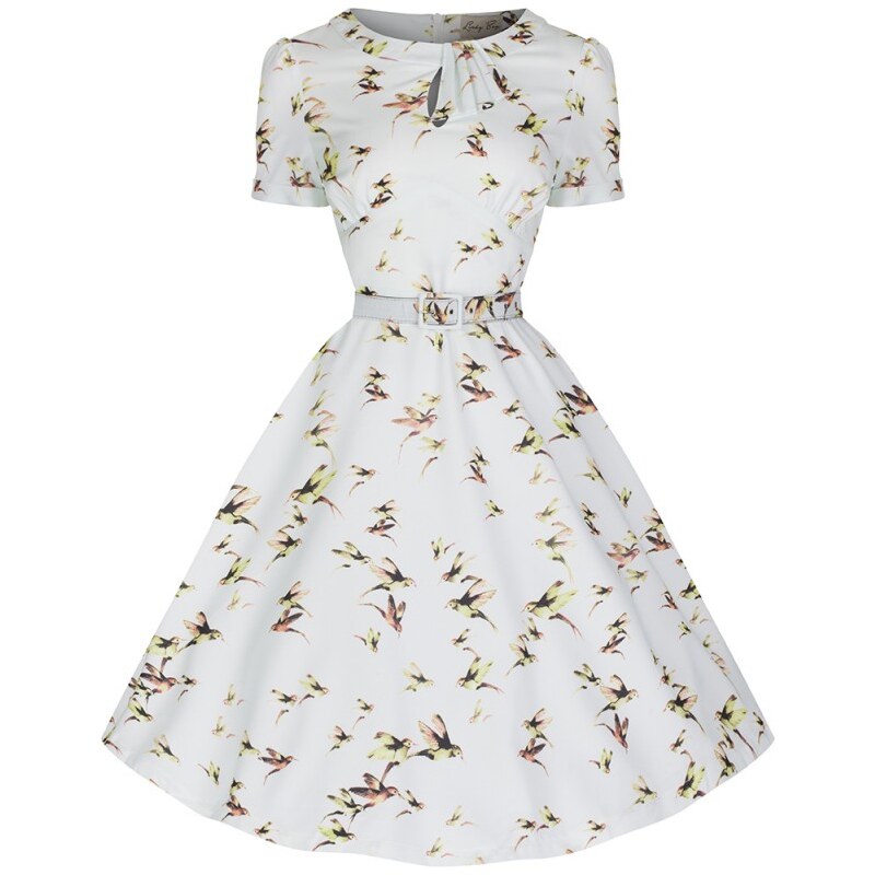CLARISSA svatební šaty s potiskem ptáčků inspirováno padesátými léty