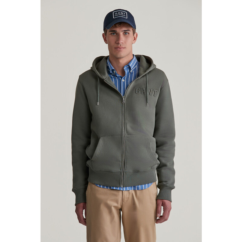 MIKINA GANT EMBOSSED FULL-ZIP HOODIE DARK EARTHY GREEN