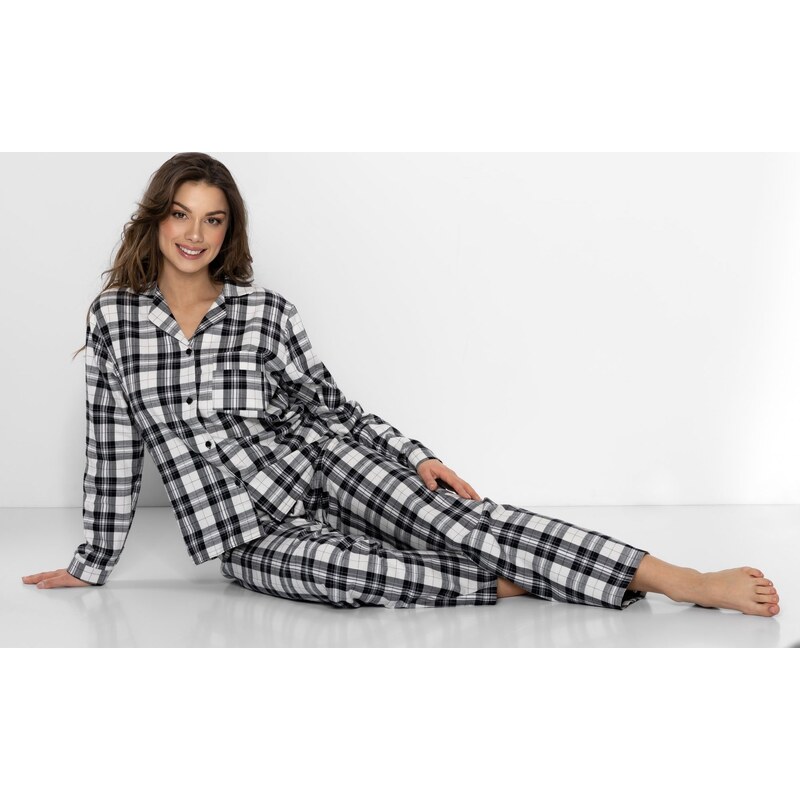BASIC Černo-bílé kárované teplé pyžamo Stay Warm Károvaný vzor 98821600