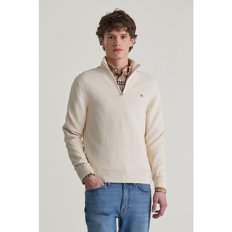 SVETR GANT COTTON TEXTURED HALF ZIP CREAM