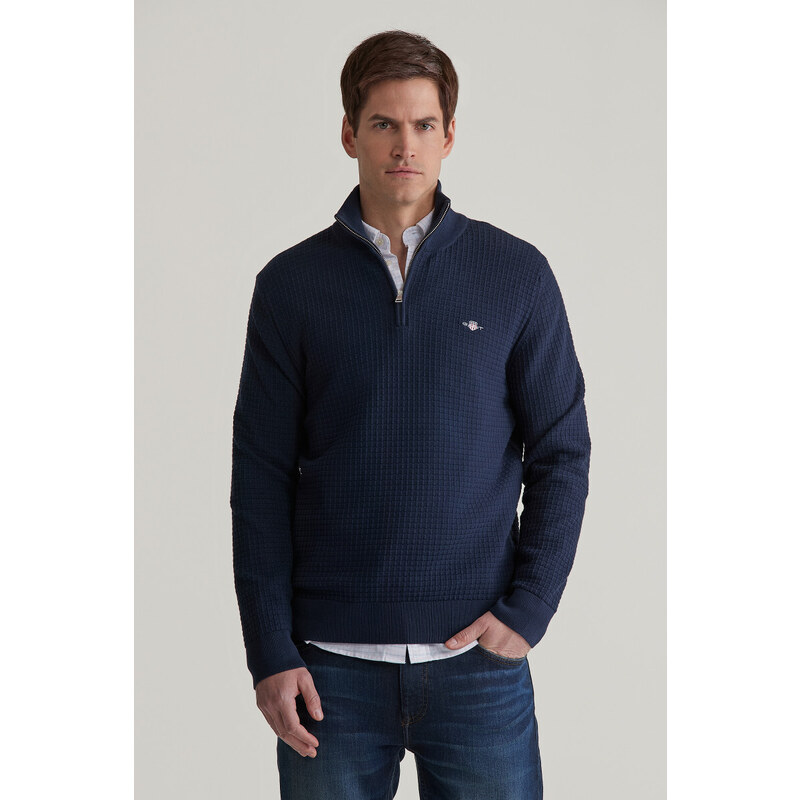 SVETR GANT COTTON TEXTURED HALF ZIP EVENING BLUE