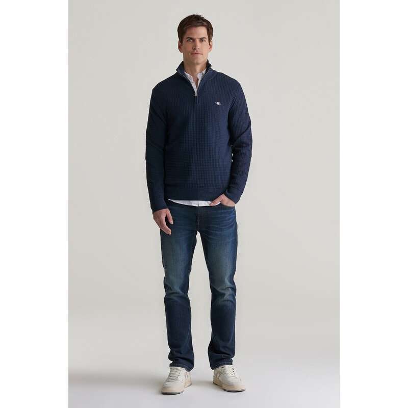SVETR GANT COTTON TEXTURED HALF ZIP EVENING BLUE